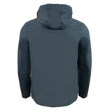 Rear view of a USA Rugby Rain Jacket by Castore in dark gray, featuring long sleeves, a straight hem, and water-resistant technology.