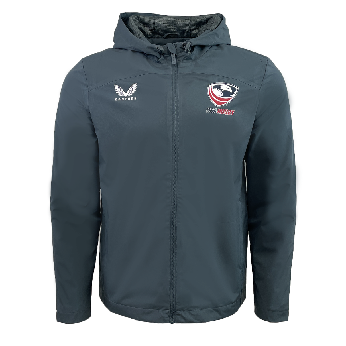 USA Rugby Rain Jacket by Castore in gray, featuring a hood, "Castore" logo on the left chest, and "USA Rugby" logo on the right. It has water-resistant technology and a lightweight mesh lining for comfort and protection.