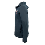 Side view of the USA Rugby Rain Jacket by Castore, a dark hooded jacket with a chest logo, lightweight mesh lining, and advanced water-resistant technology.