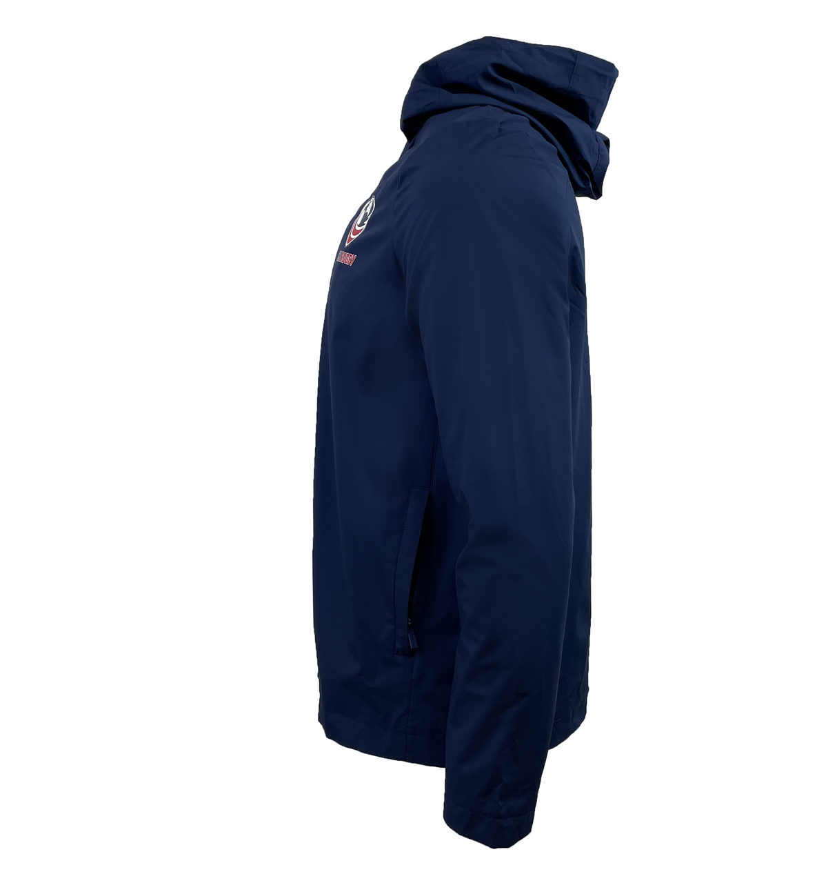 Side view of the USA Rugby Rain Jacket by Castore in navy blue, showcasing the logo and text on its back. It features water-resistant technology and is displayed against a white background.