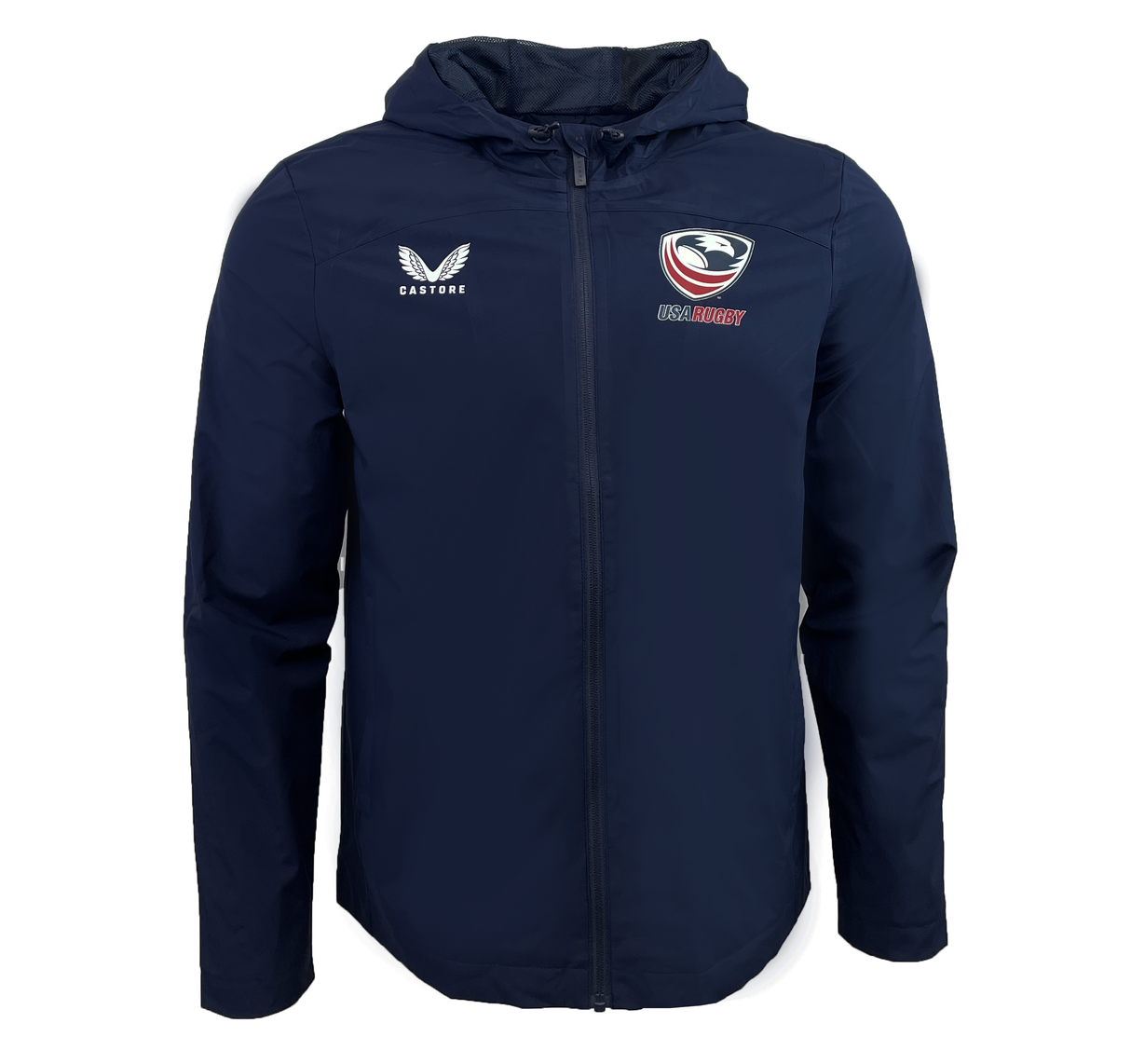 Navy USA Rugby Rain Jacket by Castore features a hood, "Castore" logo on the left chest, "USA Rugby" logo on the right, and water-resistant technology for all-weather comfort.