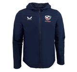 Navy USA Rugby Rain Jacket by Castore features a hood, "Castore" logo on the left chest, "USA Rugby" logo on the right, and water-resistant technology for all-weather comfort.