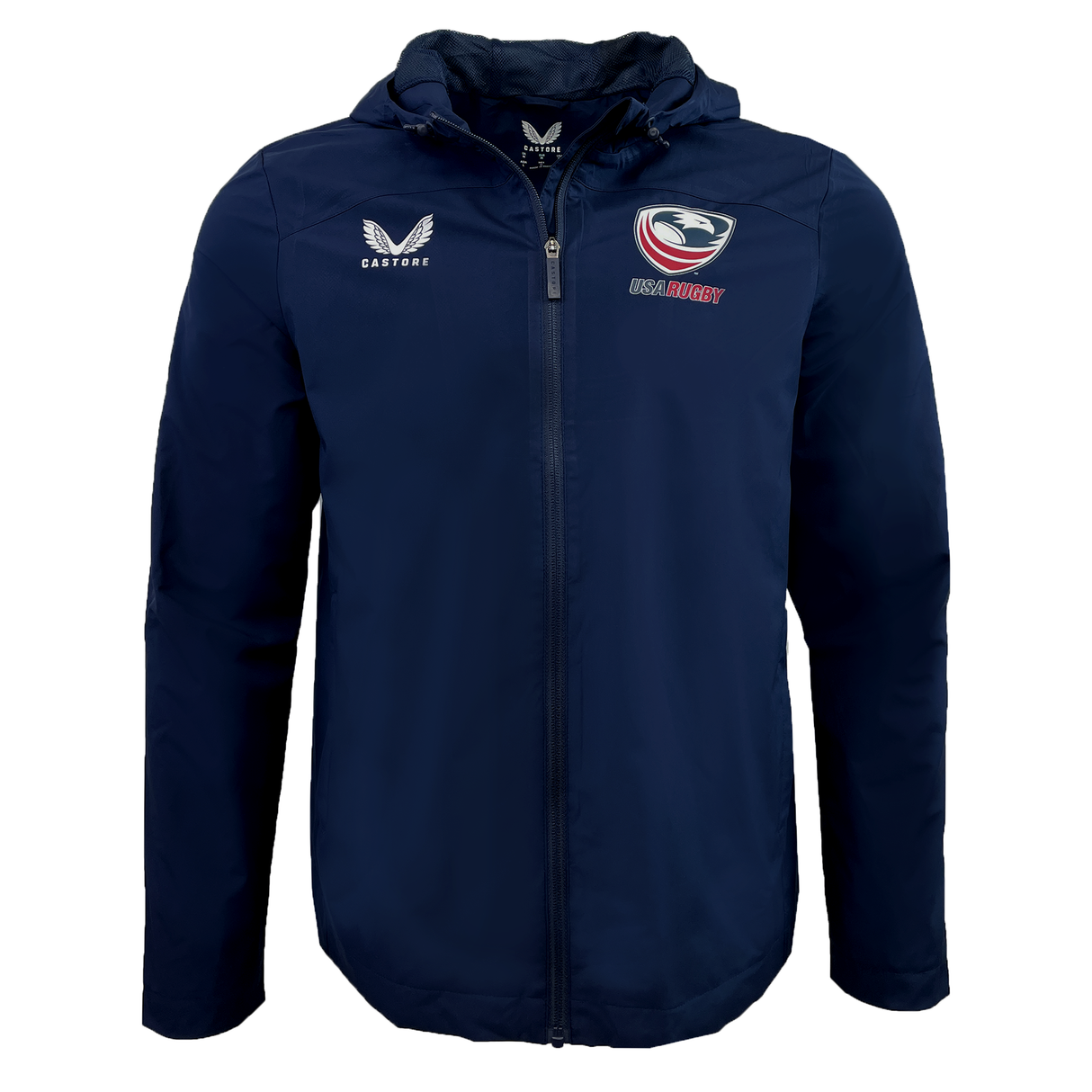 Navy blue Women's USA Rugby Rain Jacket by Castore with a hood and logos of USA Rugby and Castore on the chest.