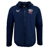 Navy blue Women's USA Rugby Rain Jacket by Castore with a hood and logos of USA Rugby and Castore on the chest.