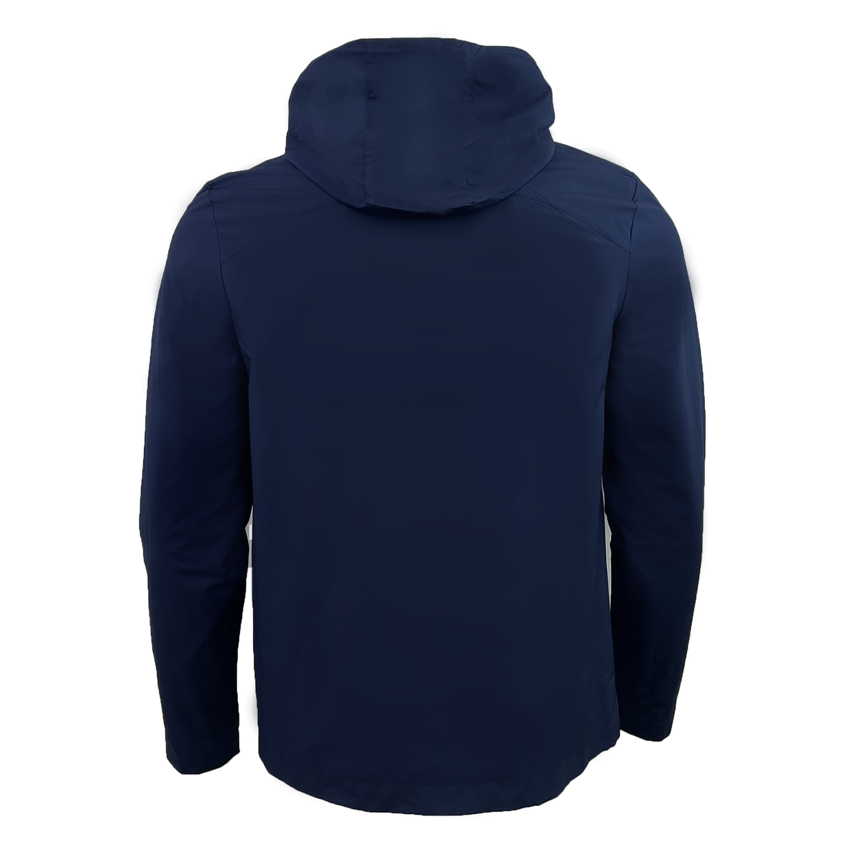 The USA Rugby Rain Jacket by Castore, in navy blue, is shown from the back on a white background and includes advanced water-resistant tech to keep you dry in unpredictable weather.