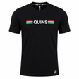 The Harlequins 22/23 Heritage Cotton Tee by Castore is a black short-sleeve shirt featuring "QUINS" in white with multicolored stripes and a small multicolored square near the hem—perfect for true Harlequins fans.
