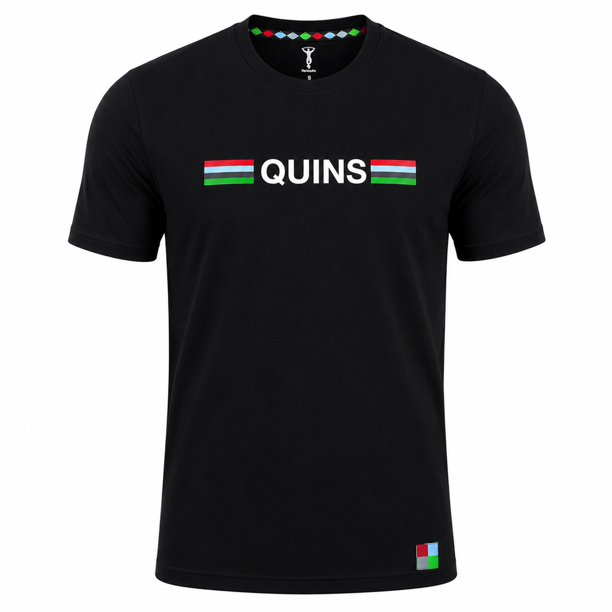 The Harlequins 22/23 Heritage Cotton Tee by Castore is a black short-sleeve shirt featuring "QUINS" in white with multicolored stripes and a small multicolored square near the hem—perfect for true Harlequins fans.