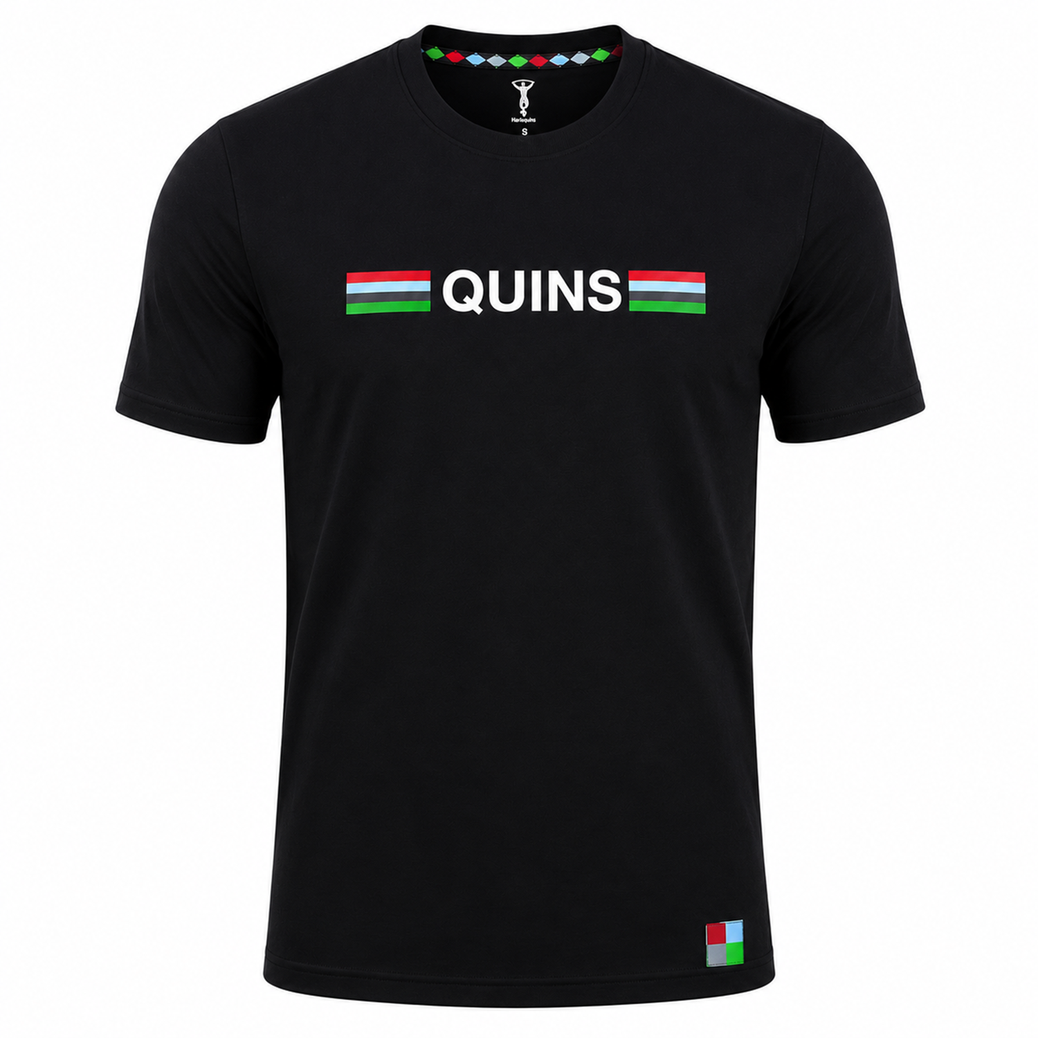 The Harlequins 22/23 Heritage Cotton Tee by Castore is a black short-sleeve shirt featuring "QUINS" in white with multicolored stripes and a small multicolored square near the hem—perfect for true Harlequins fans.