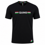The Harlequins 22/23 Heritage Cotton Tee by Castore is a black short-sleeve shirt featuring "QUINS" in white with multicolored stripes and a small multicolored square near the hem—perfect for true Harlequins fans.
