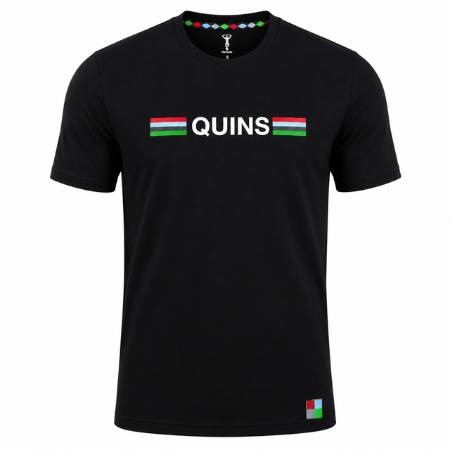 The Harlequins 22/23 Heritage Cotton Tee by Castore is a black short-sleeve shirt featuring "QUINS" in white with multicolored stripes and a small multicolored square near the hem—perfect for true Harlequins fans.