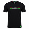 The Harlequins 22/23 Heritage Cotton Tee by Castore is a black short-sleeve shirt featuring "QUINS" in white with multicolored stripes and a small multicolored square near the hem—perfect for true Harlequins fans.