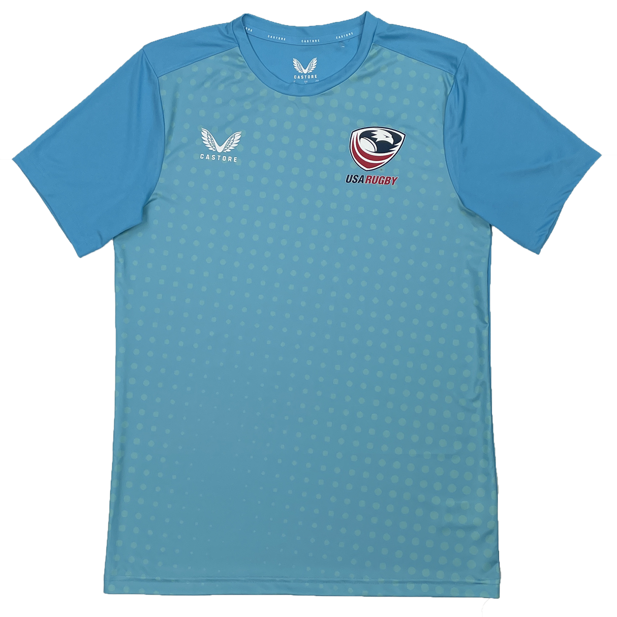 Try the USA Rugby Dot Printed Training Tee by Castore, featuring lightweight fabric in light blue with a dotted pattern. The Castore logo graces the left shoulder, while the USA Rugby emblem adorns the right chest, keeping you stylish and comfortable.