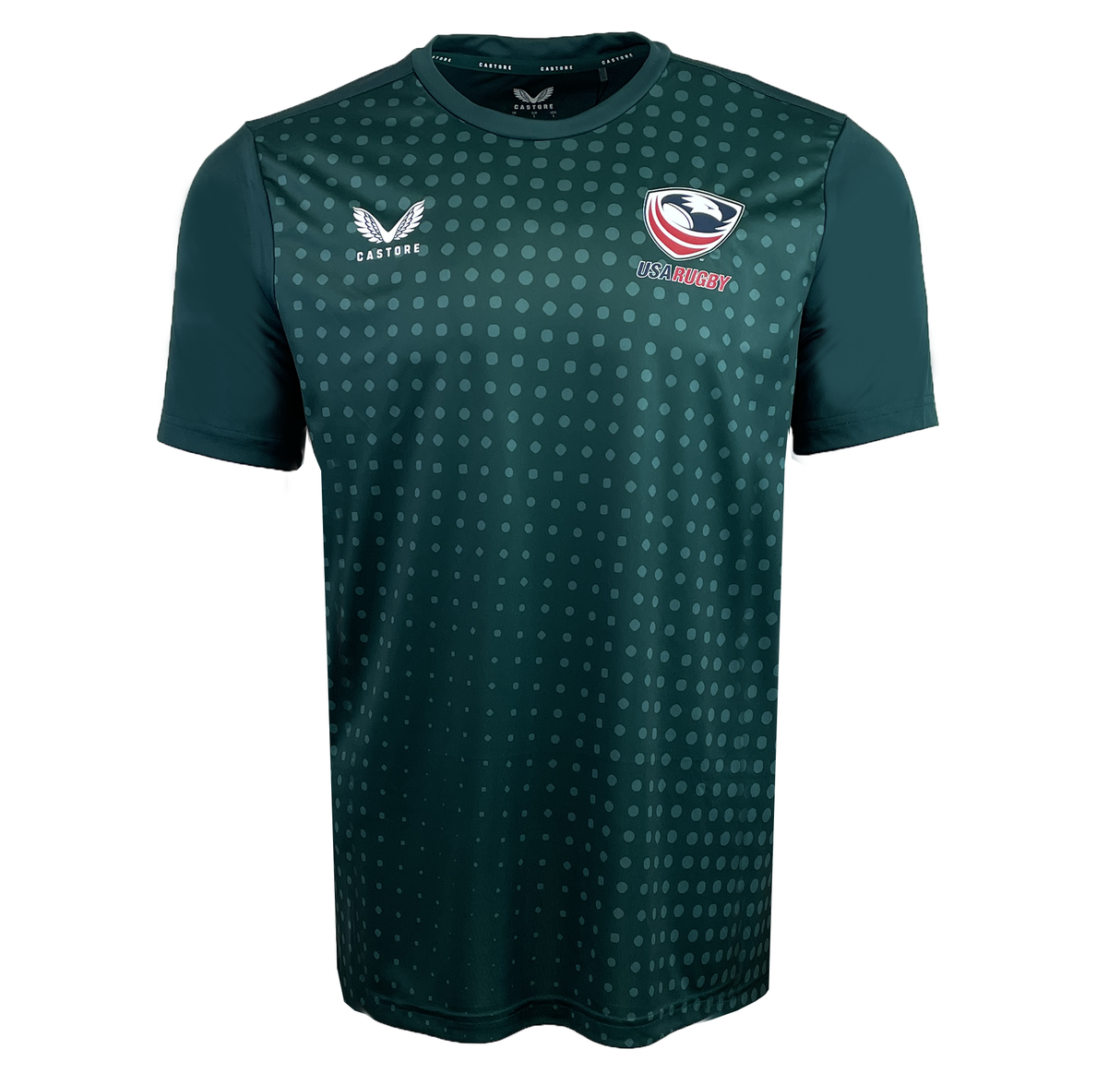 The USA Rugby Dot Printed Training Tee by Castore is a green tee with a dotted pattern, made from lightweight fabric, featuring the USA Rugby and Castore logos on the chest.