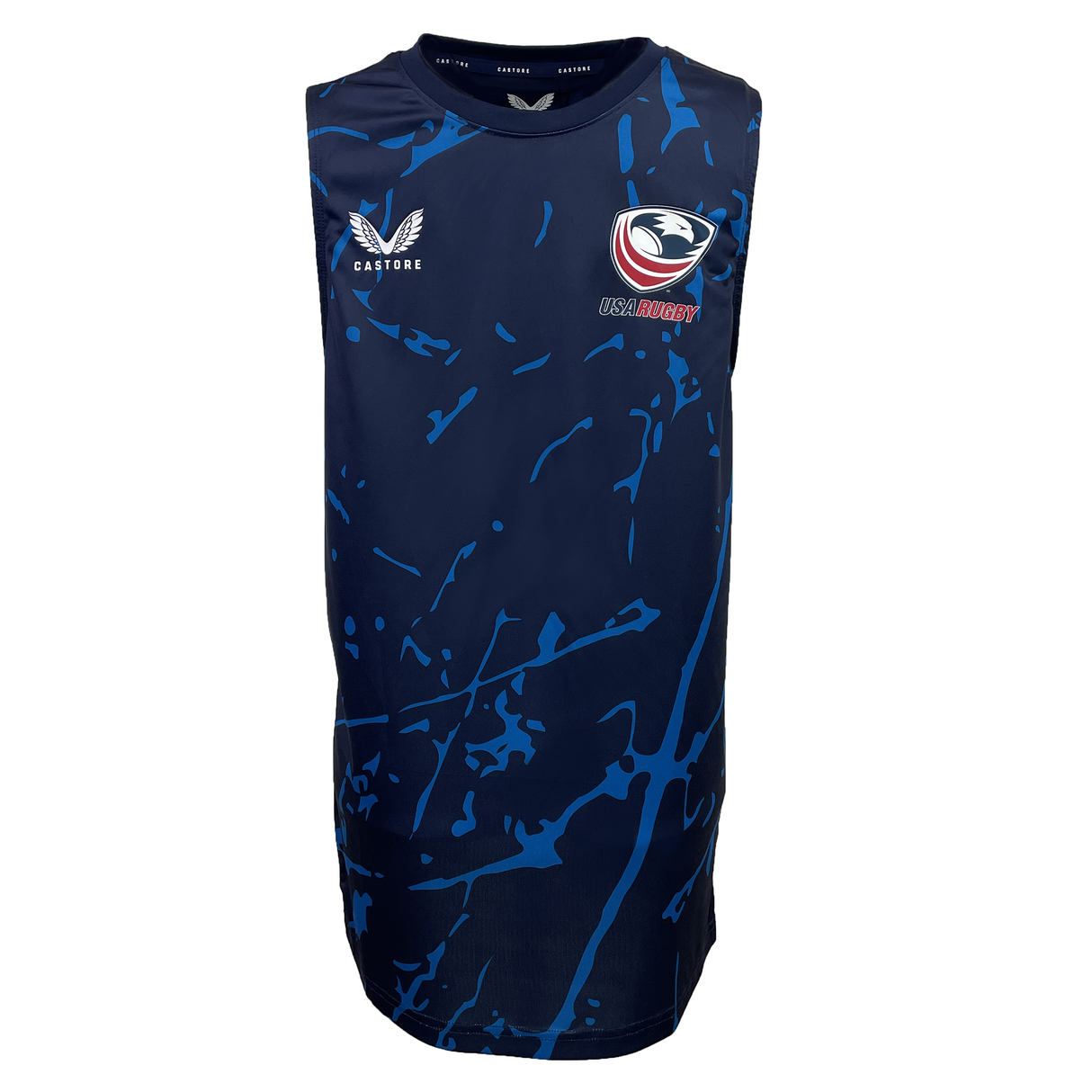 The USA Rugby Marble Printed Training Singlet by Castore is a sleeveless blue top with an abstract splatter design and features the Castore and USA Rugby logos prominently on the chest.