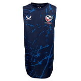 The USA Rugby Marble Printed Training Singlet by Castore is a sleeveless blue top with an abstract splatter design and features the Castore and USA Rugby logos prominently on the chest.
