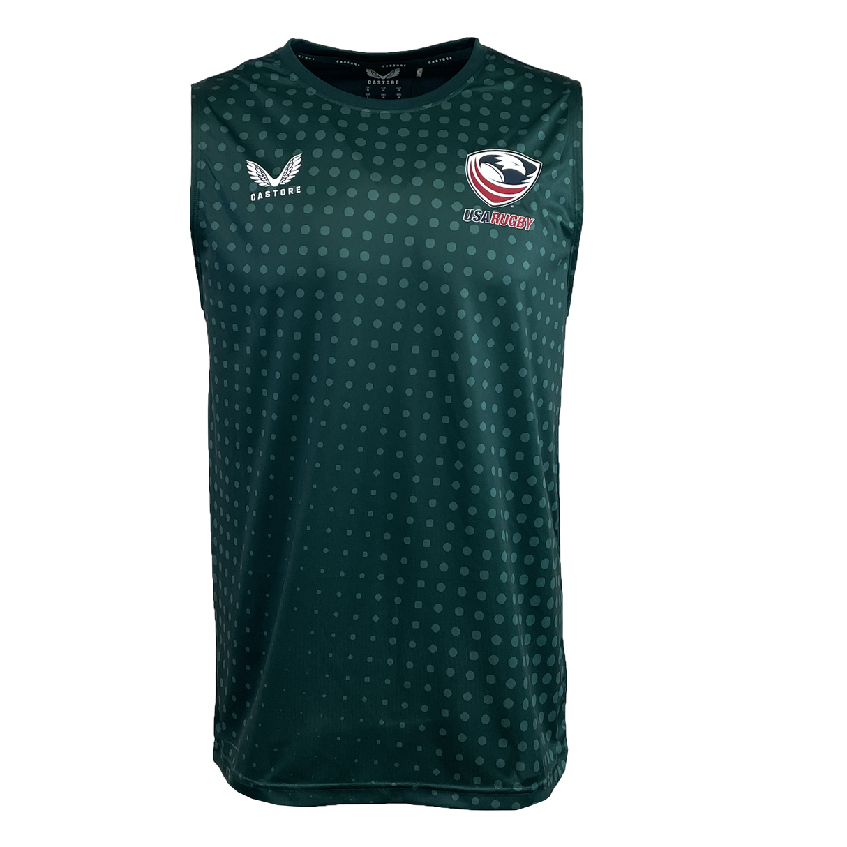 The USA Rugby Dot Printed Training Singlet by Castore is a lightweight green singlet with a dotted pattern, featuring the iconic Castore logo for an authentic look.