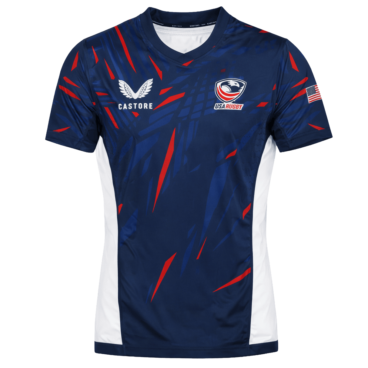 The USA Rugby 23/24 Pro Home Jersey by Castore is a blue men's rugby shirt with red and white accents, featuring the Castore logo, USA Rugby logo, and an American flag patch on the right sleeve—ideal for fans.