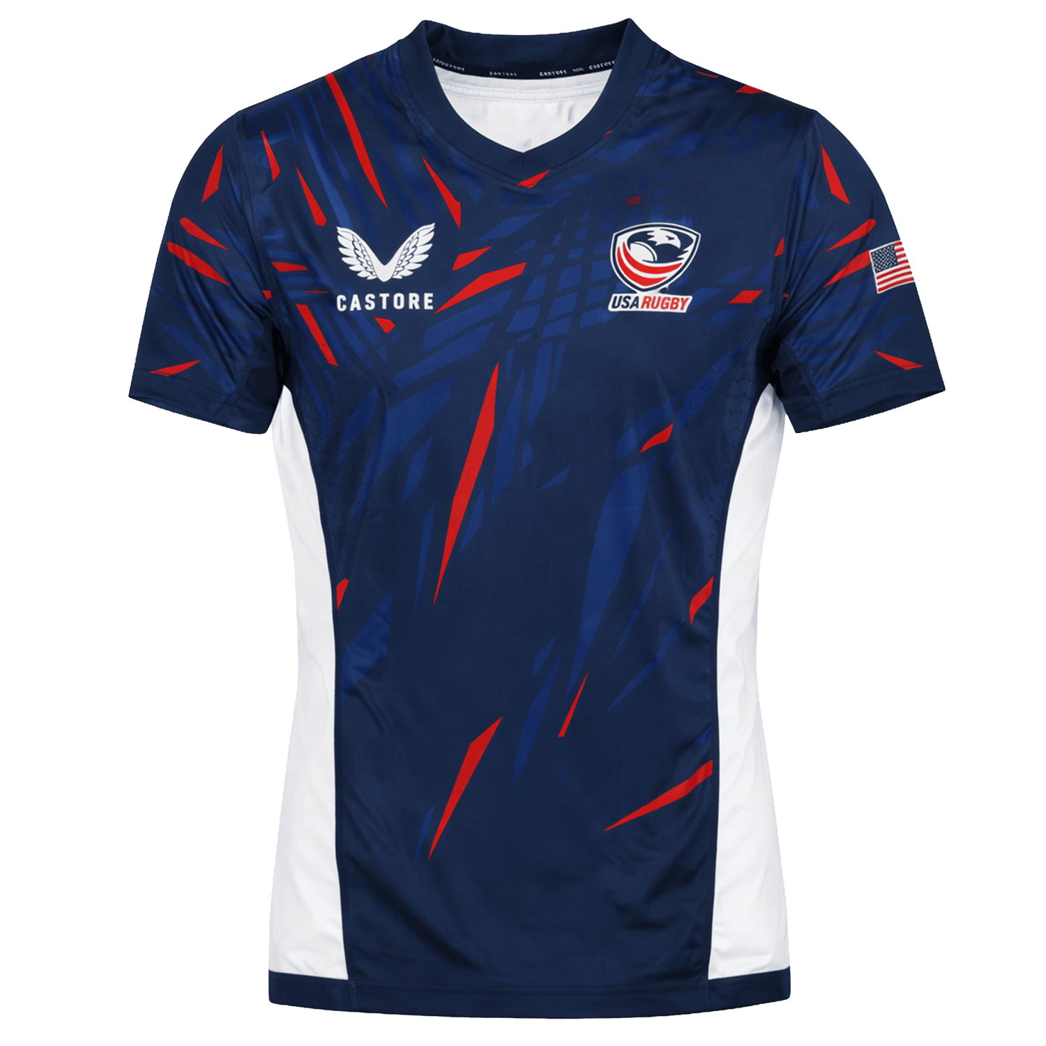The USA Rugby 23/24 Pro Home Jersey by Castore is a blue men's rugby shirt with red and white accents, featuring the Castore logo, USA Rugby logo, and an American flag patch on the right sleeve—ideal for fans.
