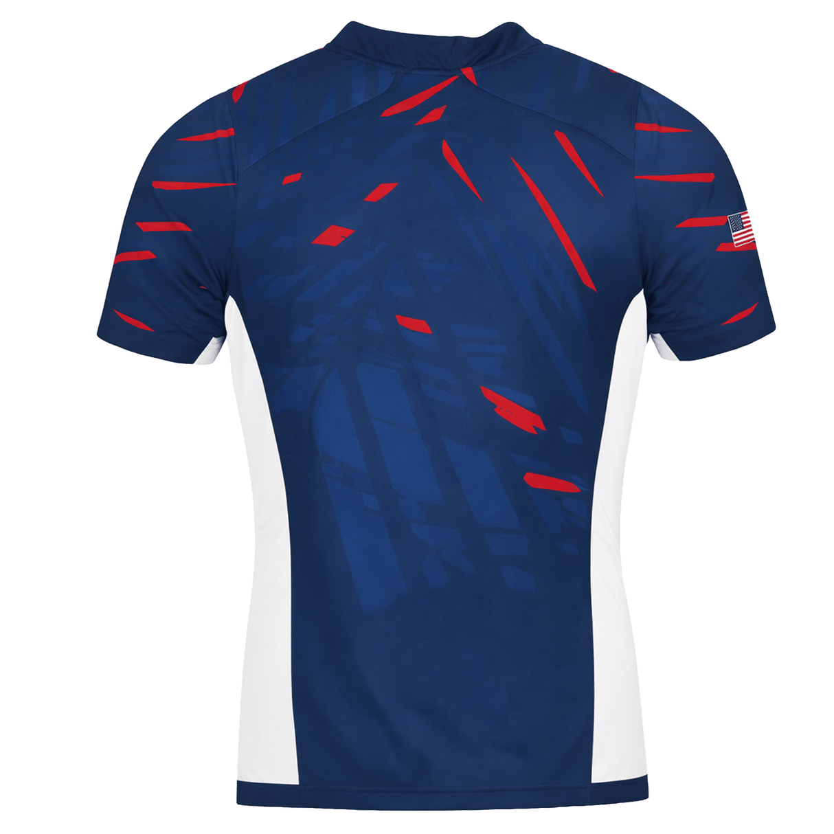 Back view of the USA Rugby 23/24 Pro Home Jersey by Castore: navy blue short-sleeve shirt with red accents, white side panels, and a small American flag on the right sleeve, inspired by pro home rugby style.