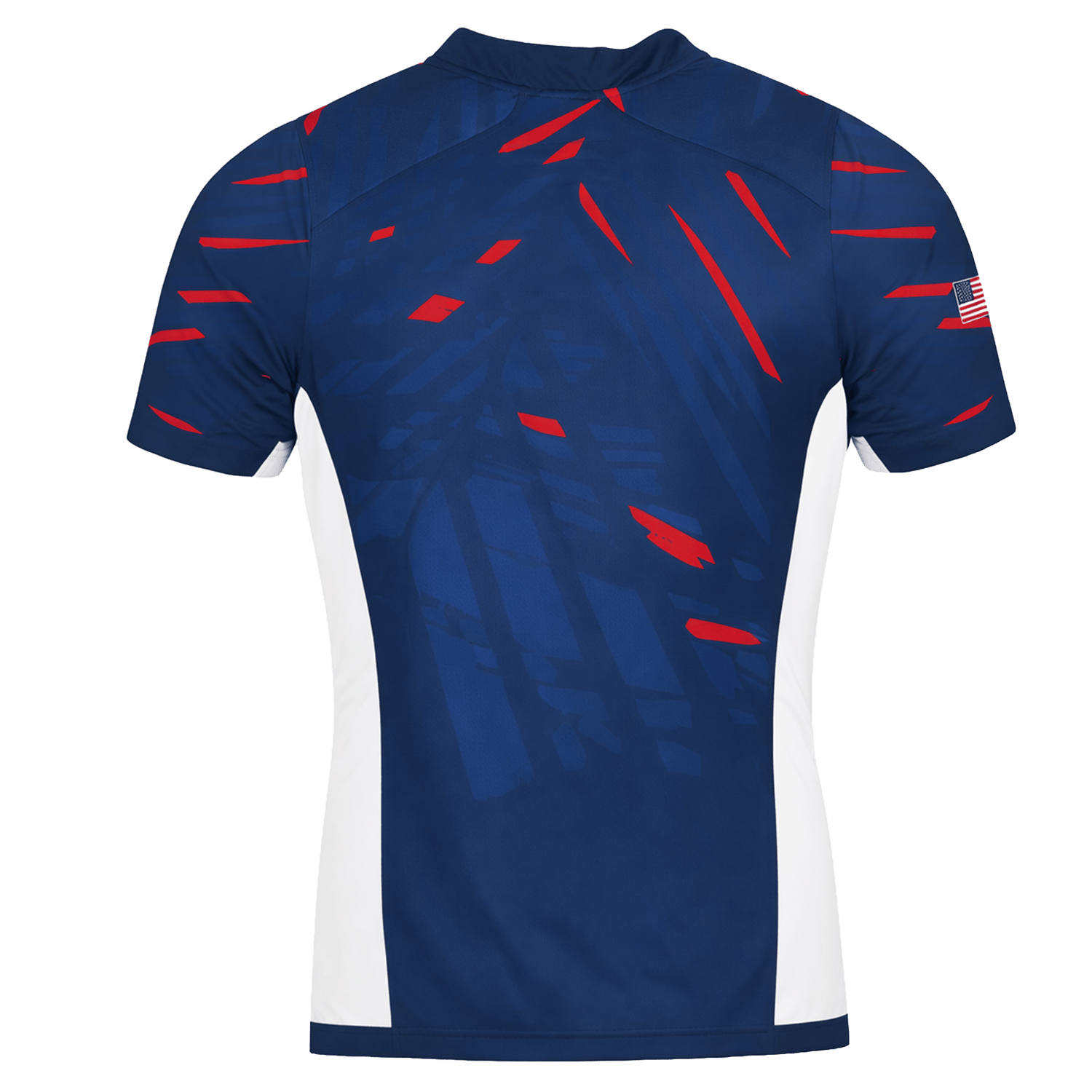 Back view of the USA Rugby 23/24 Pro Home Jersey by Castore: navy blue short-sleeve shirt with red accents, white side panels, and a small American flag on the right sleeve, inspired by pro home rugby style.