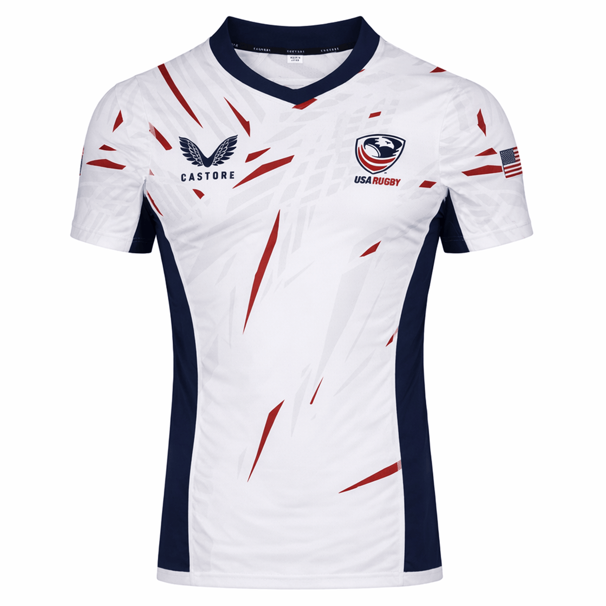 Show your pride in the USA Rugby 23/24 Pro Away Jersey by Castore, featuring navy accents, bold red streaks, USA Rugby and Castore logos on the chest, and an American flag on the right sleeve—a must-have for fans and players.