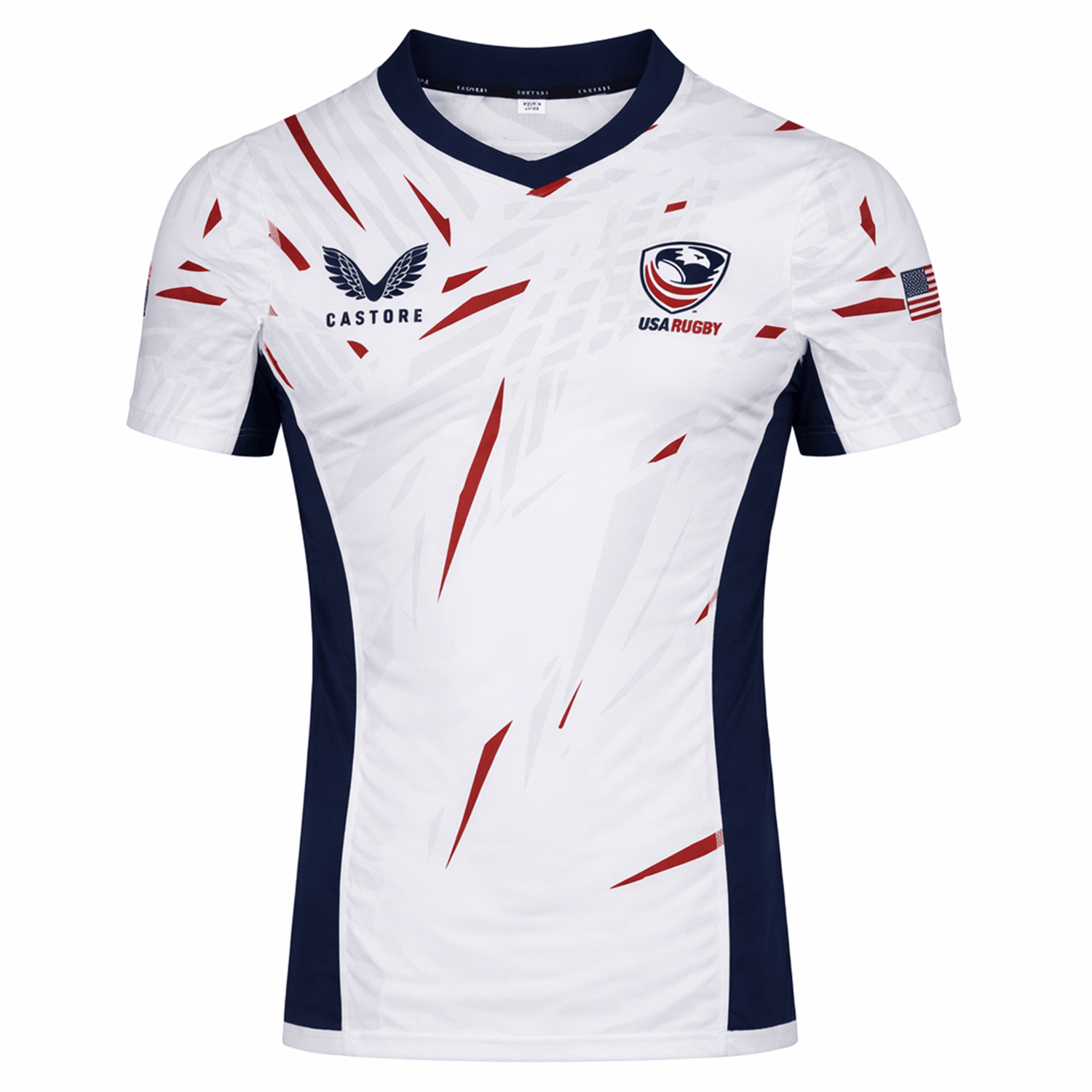 Show your pride in the USA Rugby 23/24 Pro Away Jersey by Castore, featuring navy accents, bold red streaks, USA Rugby and Castore logos on the chest, and an American flag on the right sleeve—a must-have for fans and players.