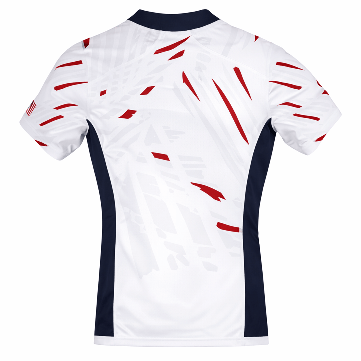 The USA Rugby 23/24 Pro Away Jersey by Castore features short sleeves, white fabric with red accents, navy side panels, and a subtle geometric back pattern for an authentic fan look.