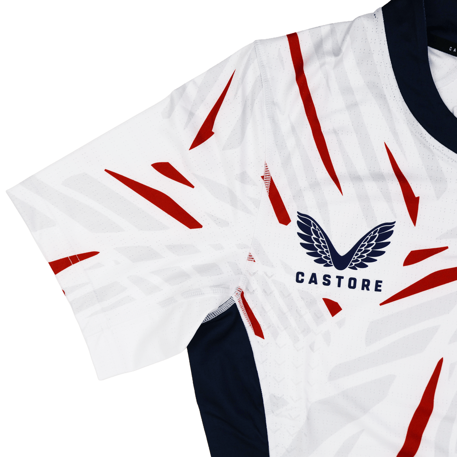 The USA Rugby 23/24 Pro Away Jersey by Castore features a white base, red diagonal stripes, navy blue collar, and the signature Castore winged logo—an eye-catching choice for rugby fans.