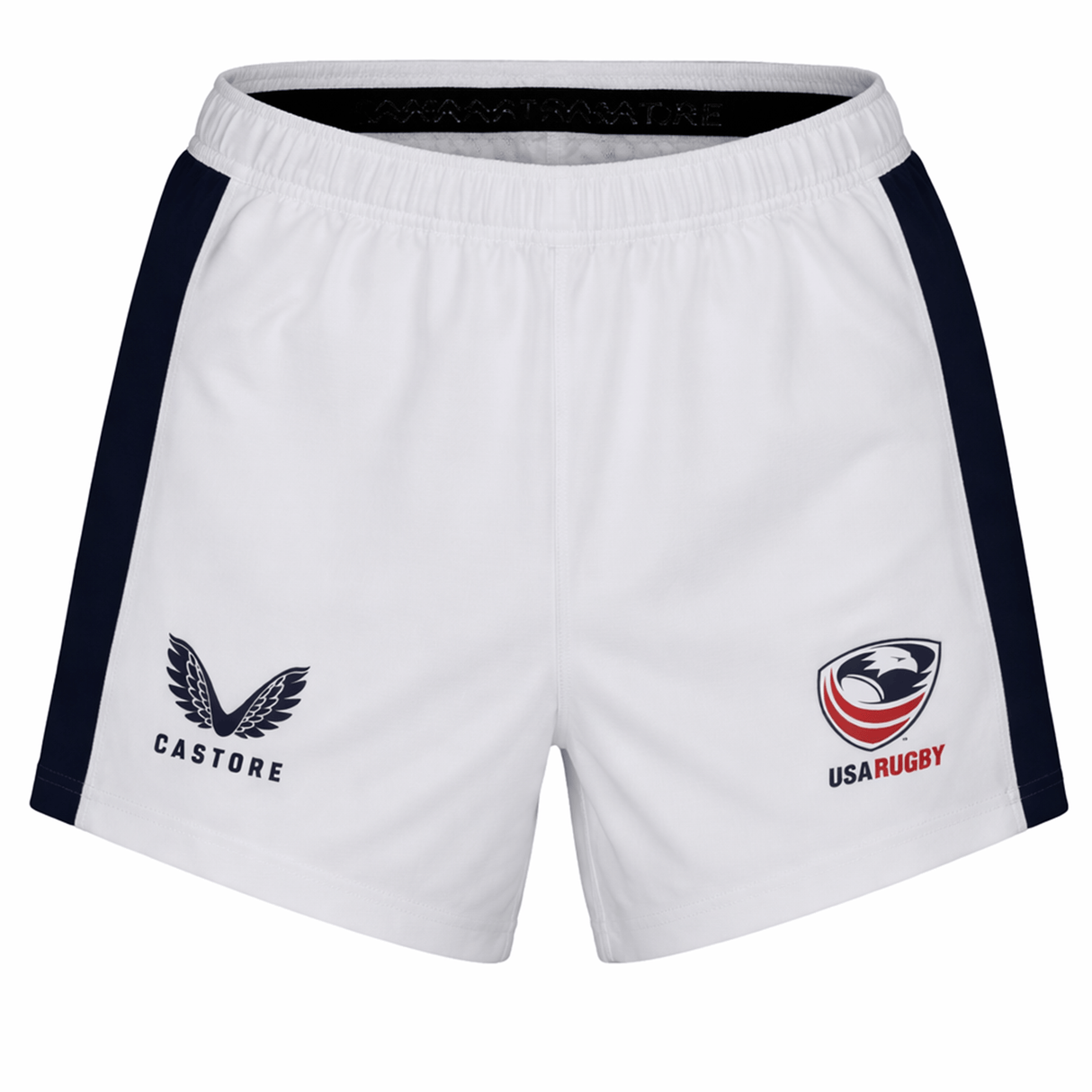 The USA Rugby 23/24 Pro Away Short by Castore features navy side panels and logos of Castore and USA Rugby—ideal for dedicated fans.
