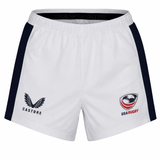 The USA Rugby 23/24 Pro Away Short by Castore features navy side panels and logos of Castore and USA Rugby—ideal for dedicated fans.