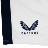 Close-up of white fabric with a black side panel and Castore logo in black. Part of the USA Rugby 23/24 Pro Away Short collection by Castore.