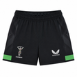 The Harlequins 23/24 Home Shorts by Castore feature black fabric, green stripes near the hem, the Harlequins logo on the left leg, and Castore branding on the right leg—official shorts for fans.