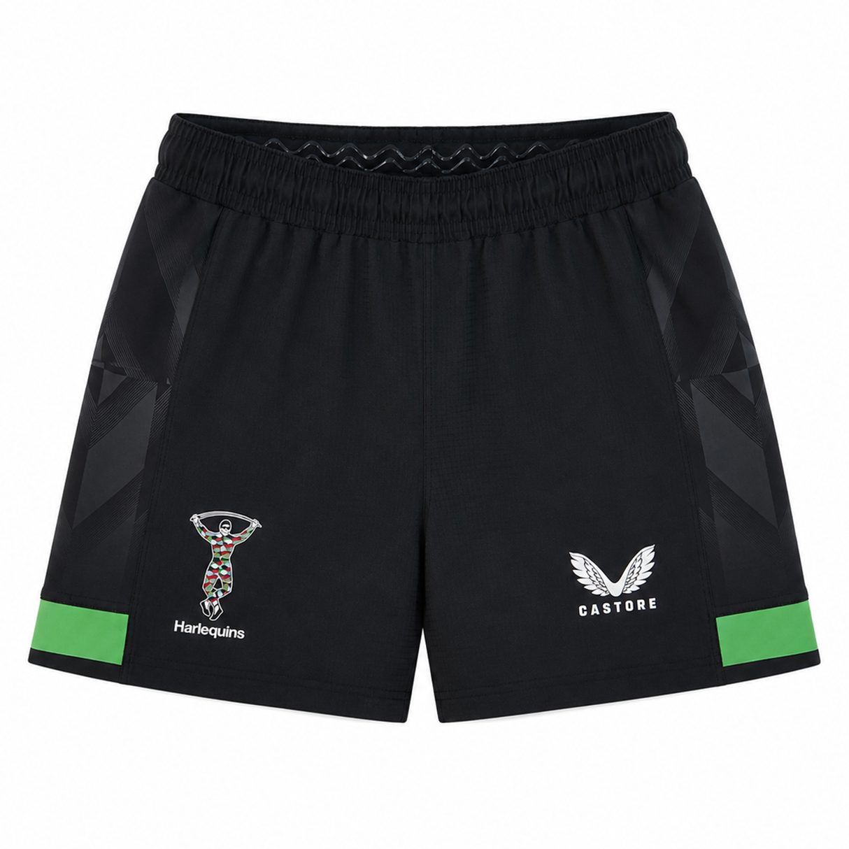 The Harlequins 23/24 Home Shorts by Castore feature black fabric, green stripes near the hem, the Harlequins logo on the left leg, and Castore branding on the right leg—official shorts for fans.