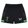 The Harlequins 23/24 Home Shorts by Castore feature black fabric, green stripes near the hem, the Harlequins logo on the left leg, and Castore branding on the right leg—official shorts for fans.