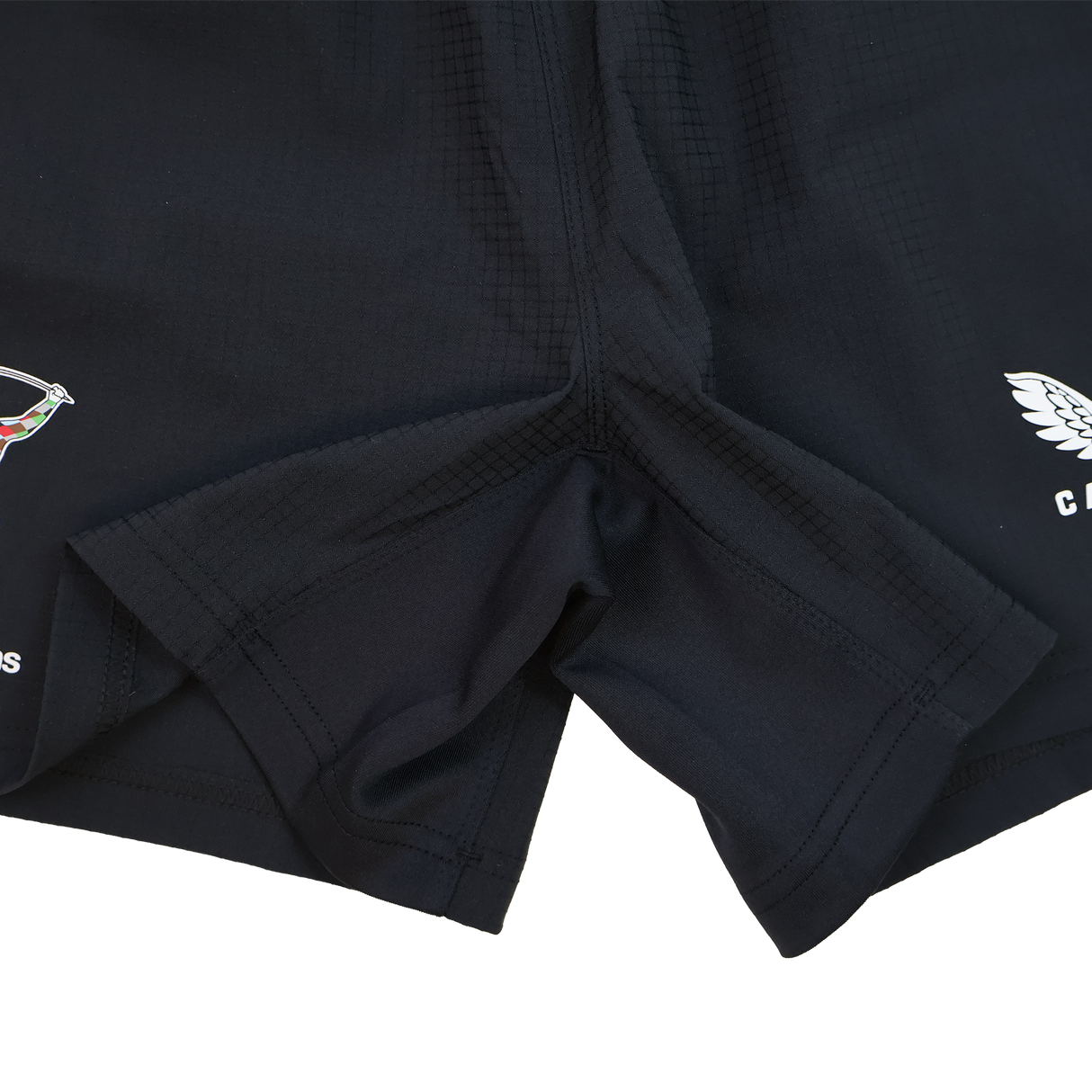 Close-up of the crotch area of Castore Harlequins 23/24 Home Shorts, showing stitching details and partial leg logos.