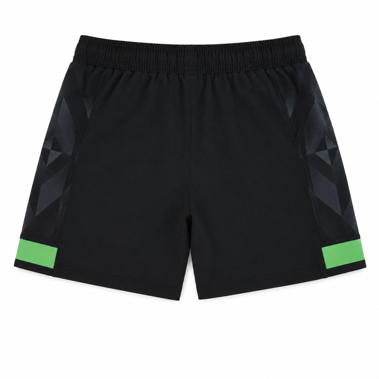 The Harlequins 23/24 Home Shorts by Castore, featuring a black design with green horizontal stripes near the hem and subtle geometric side patterns, are displayed flat on a white background.