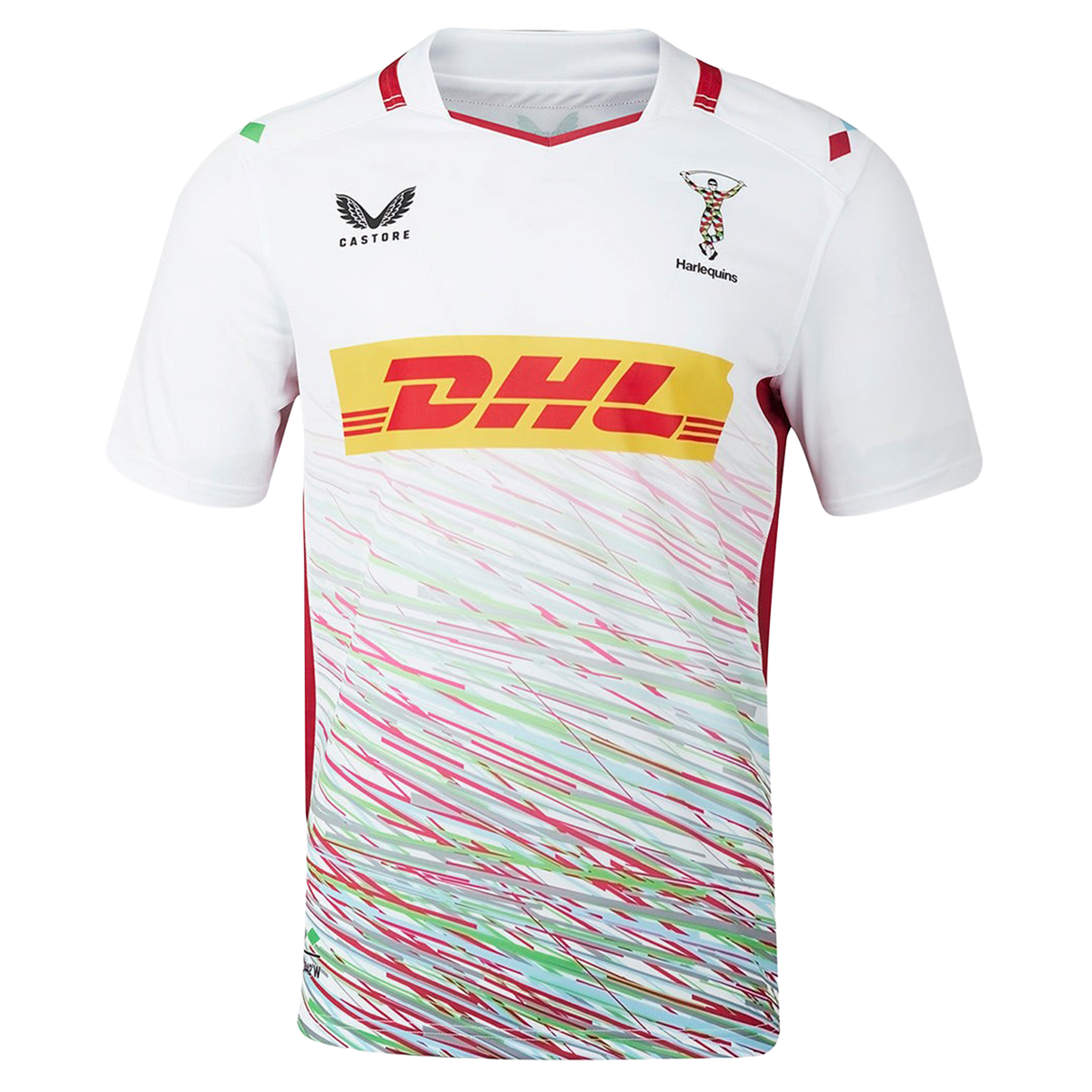The Harlequins Replica Away Jersey 23/24 by Castore is a white rugby jersey with colorful diagonal stripes, DHL as main sponsor, and chest logos—ideal for any supporter.