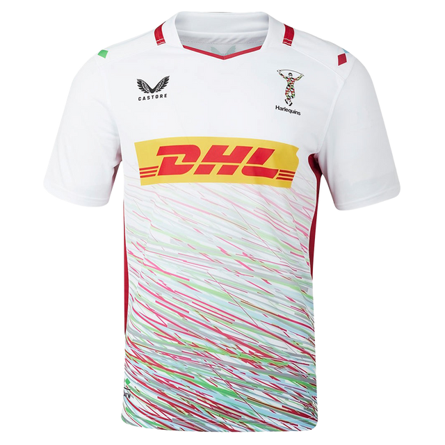 The Harlequins Replica Away Jersey 23/24 by Castore is a white rugby jersey with colorful diagonal stripes, DHL as main sponsor, and chest logos—ideal for any supporter.