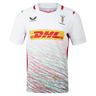 The Harlequins Replica Away Jersey 23/24 by Castore is a white rugby jersey with colorful diagonal stripes, DHL as main sponsor, and chest logos—ideal for any supporter.