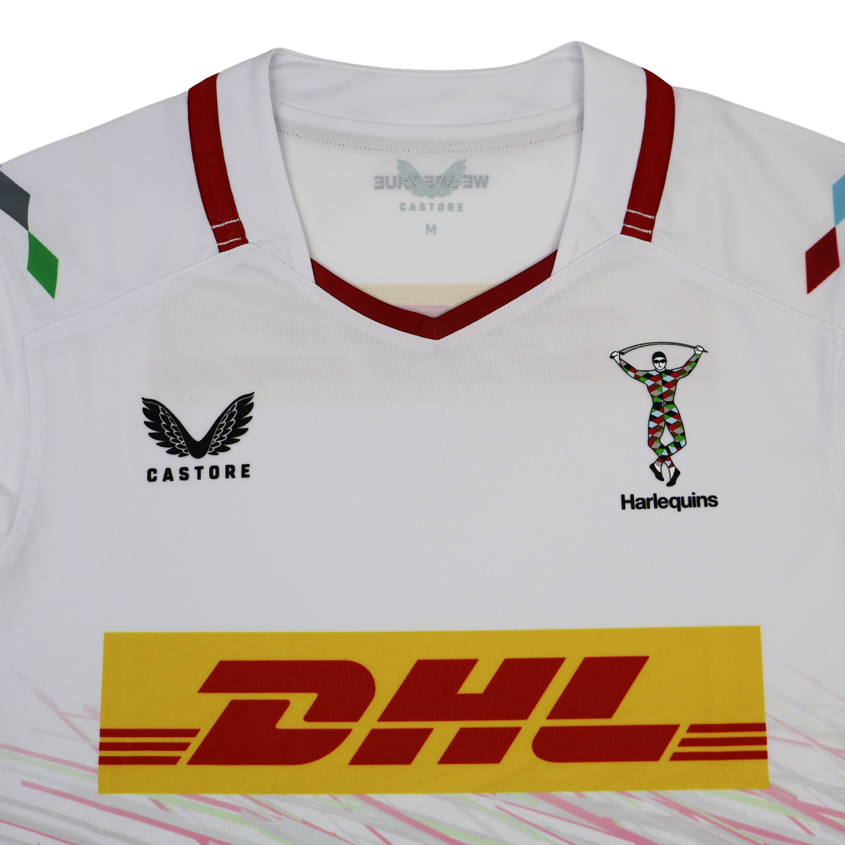 Show your support in the Harlequins Replica Away Jersey 23/24 by Castore—featuring club and sponsor logos plus colored shoulder accents, it's the ideal jersey for dedicated rugby fans.