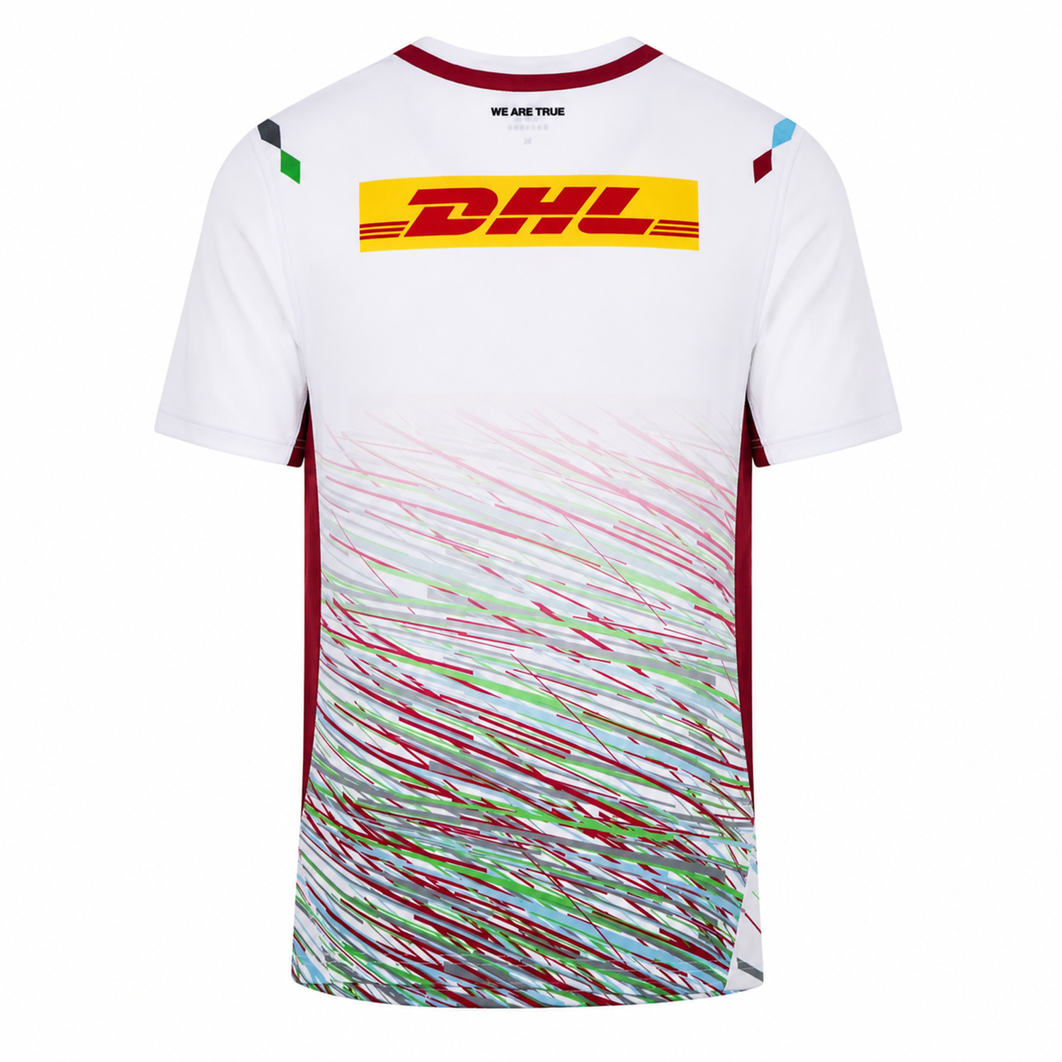 Back view of the Harlequins Replica Away Jersey 23/24 by Castore, showcasing red, green, and blue streaks, maroon trim, and a yellow DHL logo. Ideal addition to any rugby supporter collection.