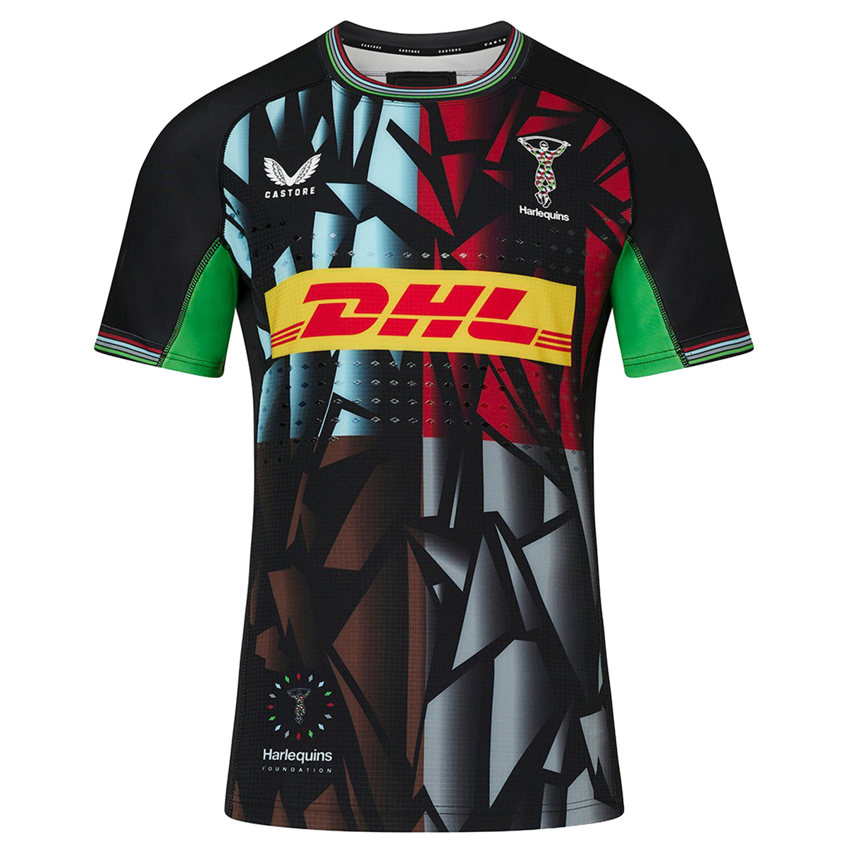 The Harlequins 23/24 Pro 3rd Jersey by Castore features a geometric design, DHL sponsor, Castore branding, and the Harlequins club crest on the chest.