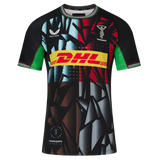 The Harlequins 23/24 Pro 3rd Jersey by Castore features a geometric design, DHL sponsor, Castore branding, and the Harlequins club crest on the chest.