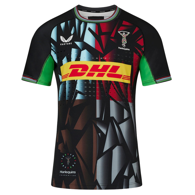 The Harlequins 23/24 Pro 3rd Jersey by Castore features a geometric design, DHL sponsor, Castore branding, and the Harlequins club crest on the chest.