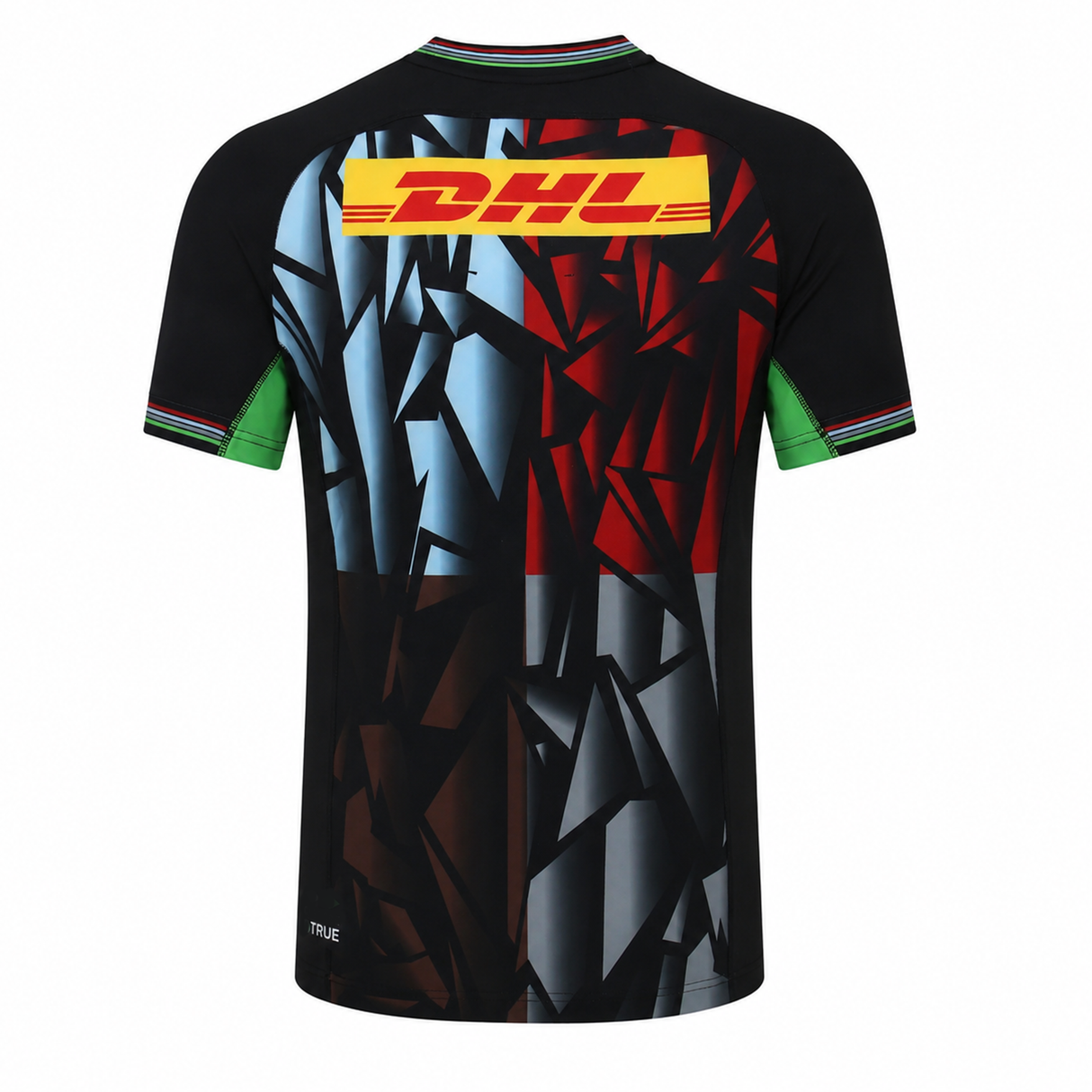 The Harlequins 23/24 Pro 3rd Jersey by Castore features short sleeves, an abstract black, blue, and red geometric design, green sleeve cuffs, and a yellow DHL logo on the upper back.