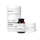 The Momentous Three by Momentous—protein, creatine, and omega-3—are displayed with their product labels on a plain light background.