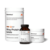 Three containers of The Momentous Three by Momentous—Whey Protein Isolate, Omega-3 softgels, and Creatine powder—are arranged on a plain white background.