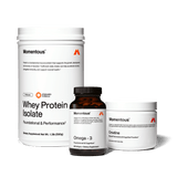 Three containers of The Momentous Three by Momentous—protein, creatine, and omega-3—are displayed side by side on a white background.