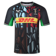 The Harlequins 23/24 Replica Third Jersey by Castore features a geometric black, blue, and red design with green accents, DHL front sponsor logo, and moisture-wicking fabric for comfort on and off the pitch.