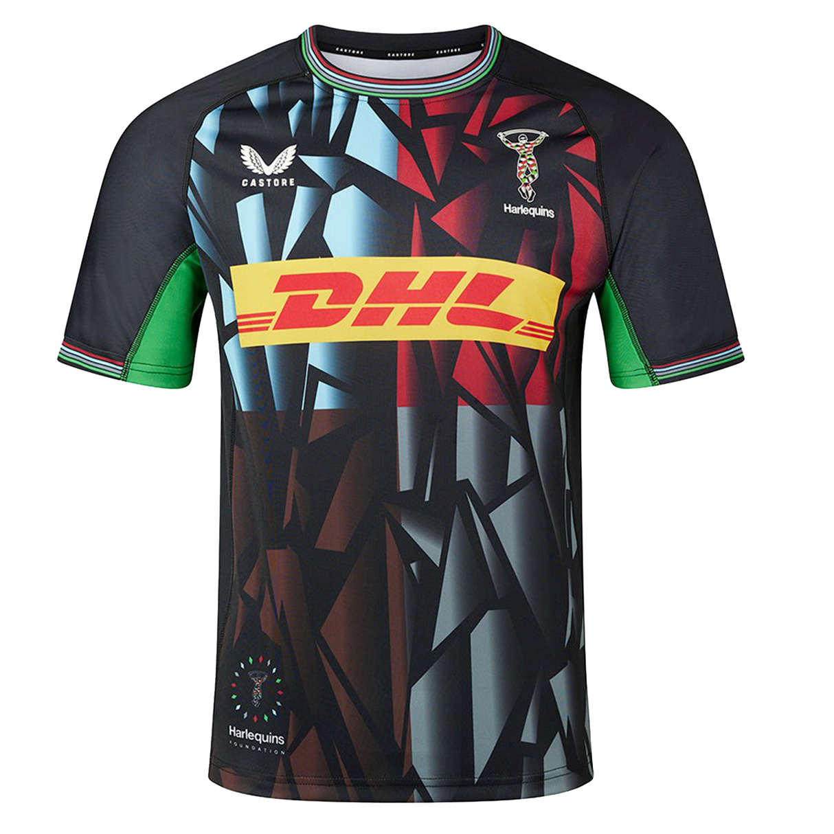 The Harlequins 23/24 Replica Third Jersey by Castore features a geometric black, blue, and red design with green accents, DHL front sponsor logo, and moisture-wicking fabric for comfort on and off the pitch.